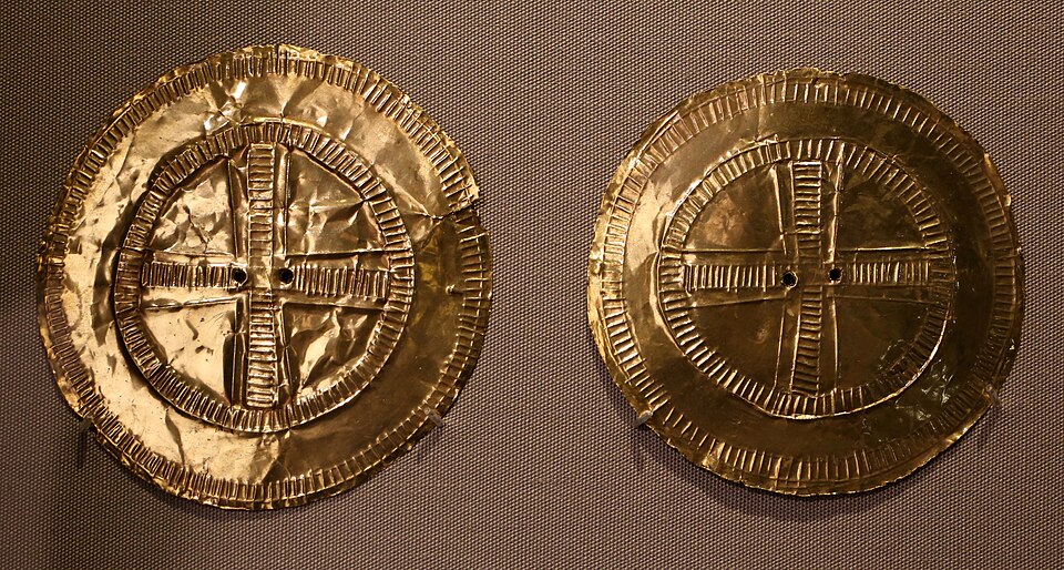 A pair of gold discs, Bronze Age ornaments from County Mayo.