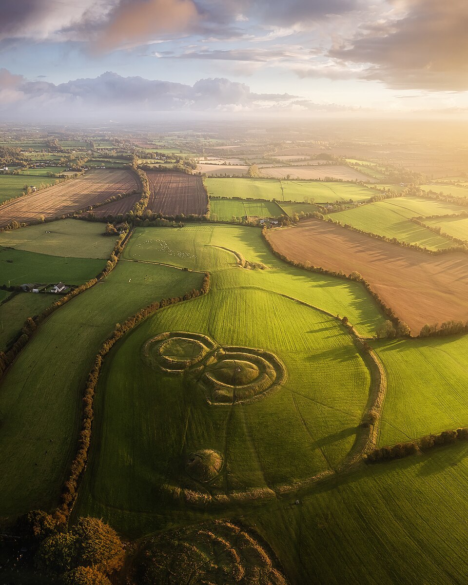 An aerial view of The Hill of Tara archaeological landscape