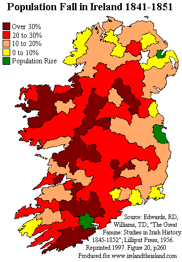 Map showing Ireland population change 1841 to 1851