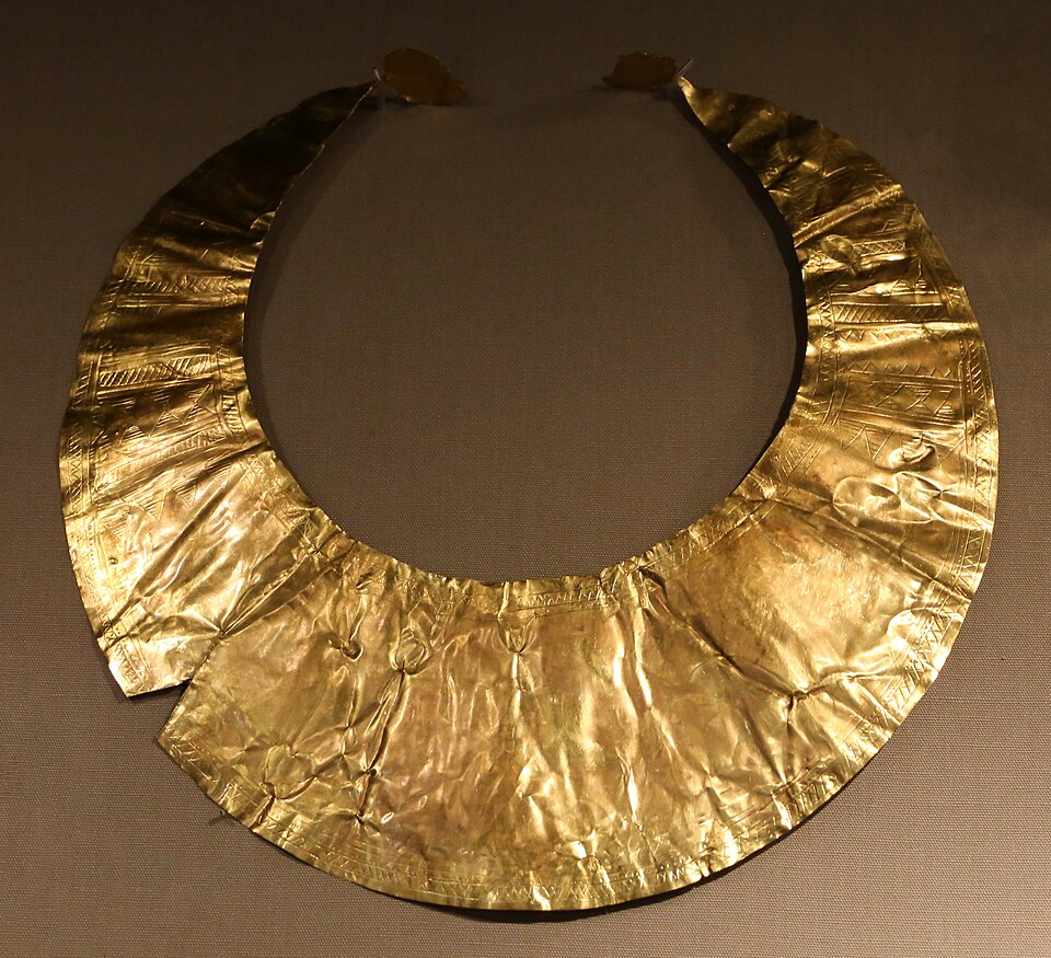 A gold lunula (crescent-shaped necklace) found at Ballinagroun, County Kerry.